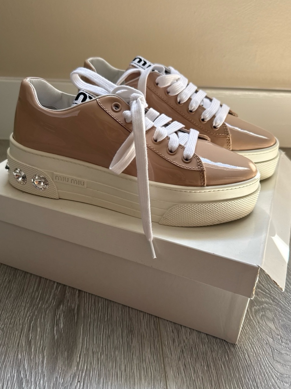 BRAND NEW Miu Miu Platform Sneakers in Beige and White with Crystal Accents